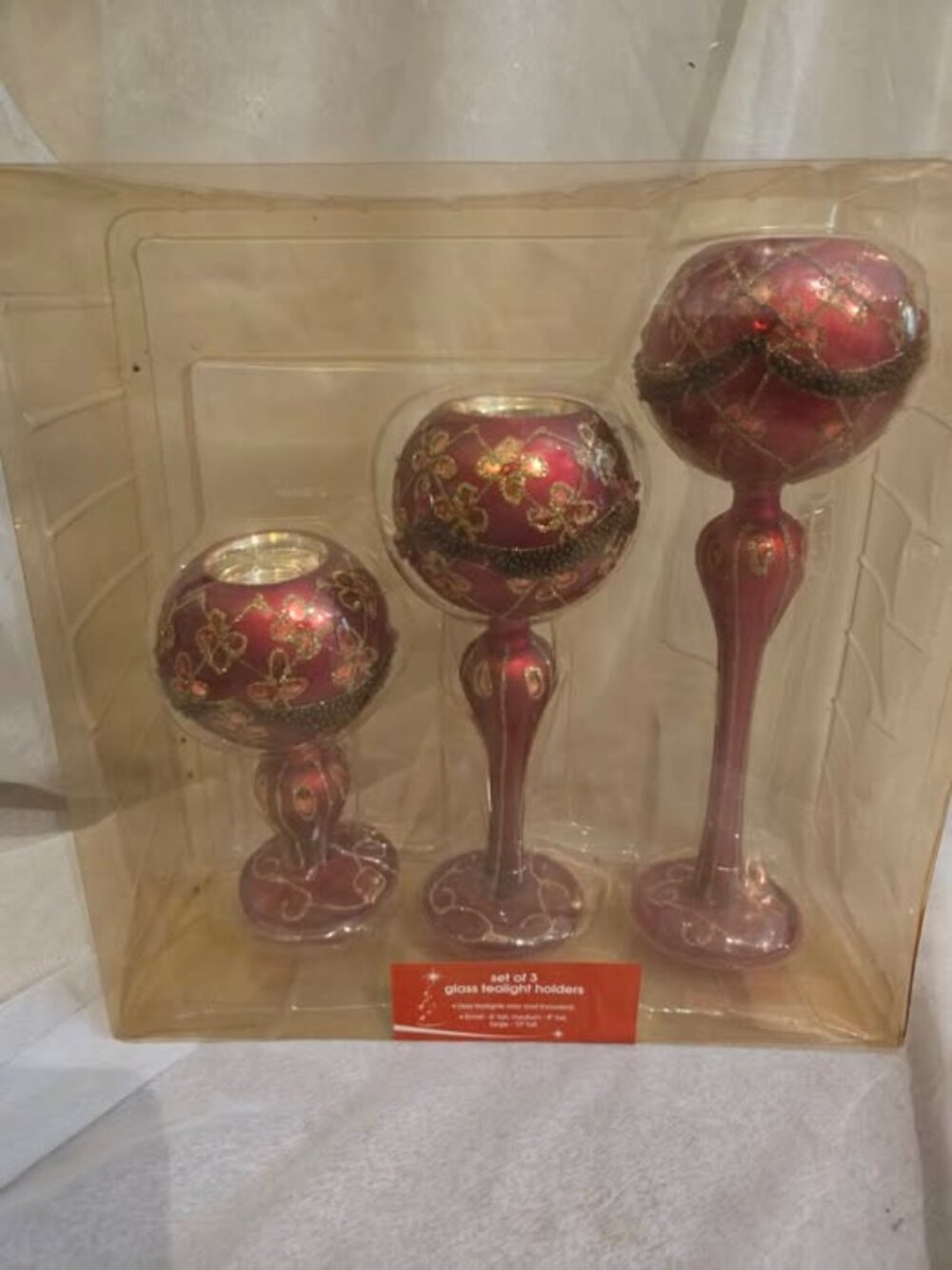VTG Christmas Traditional Elegance Set of 3 Glass Goblet Style Tealight Holders